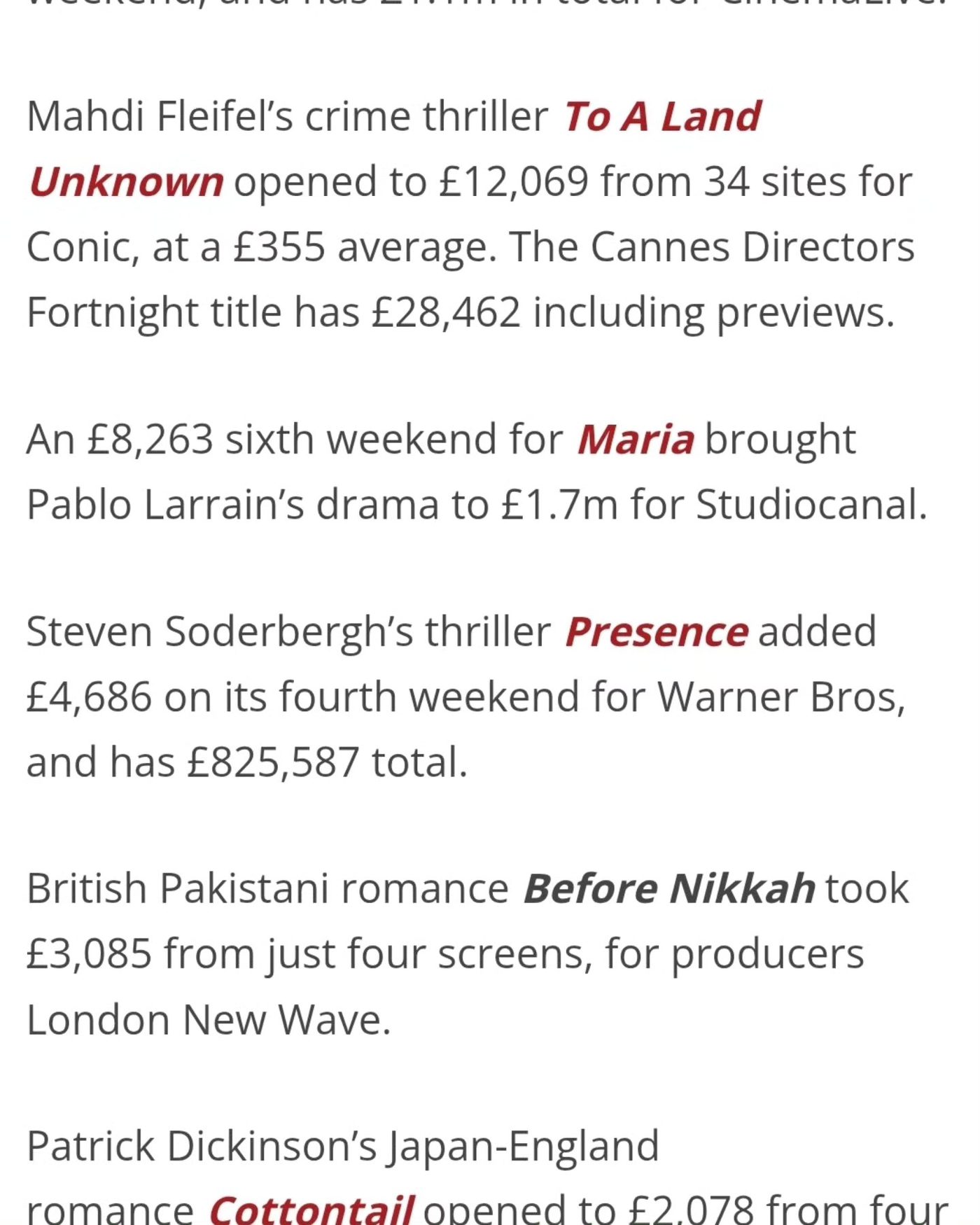 Before Nikkah in Screen Daily box office report